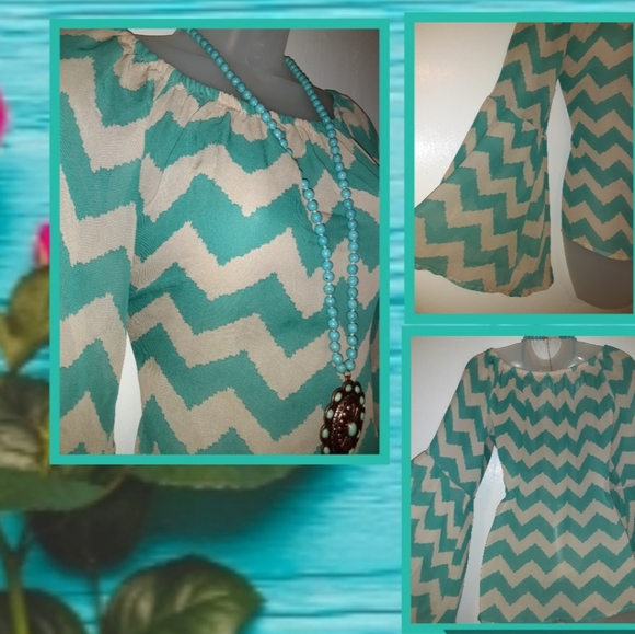 Green & Gray Chevron Bell Sleeve Bouse 10/12 - Picture 2 of 2